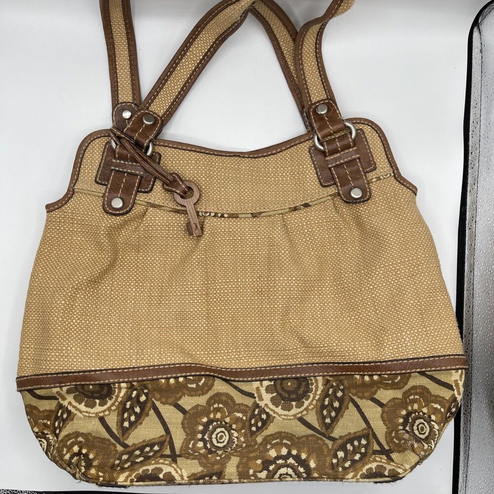 Fossil Large Floral Straw Shoulder Bag Woven Boho Leather Satchel Purse
